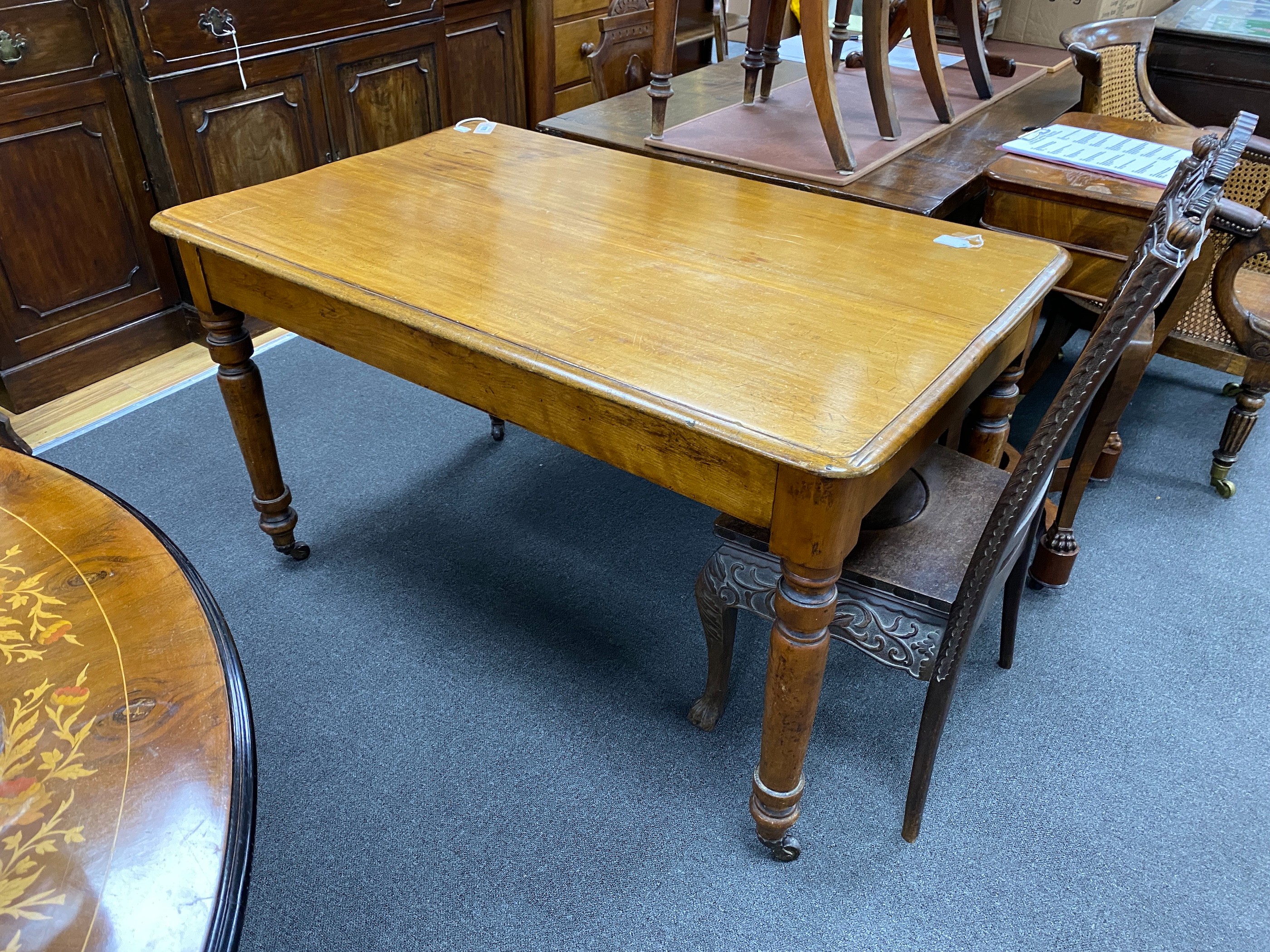 A Victorian rectangular mahogany kitchen dining table, length 128cm, depth 82cm, height 76cm